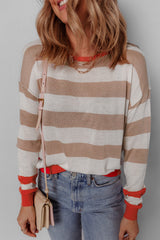 Apricot Colorblock Striped Round Neck Drop Shoulder Sweater Sweaters JT's Designer Fashion