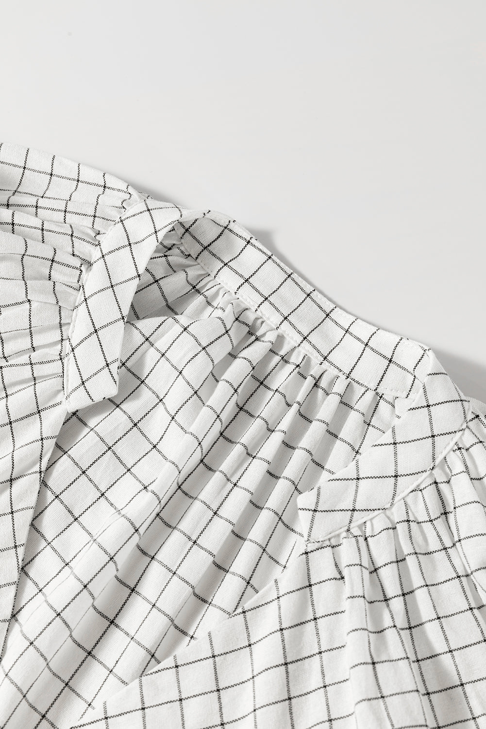 White Stripe Checkered Frilled V Neck Bracelet Sleeve Babydoll Dress Mini Dresses JT's Designer Fashion