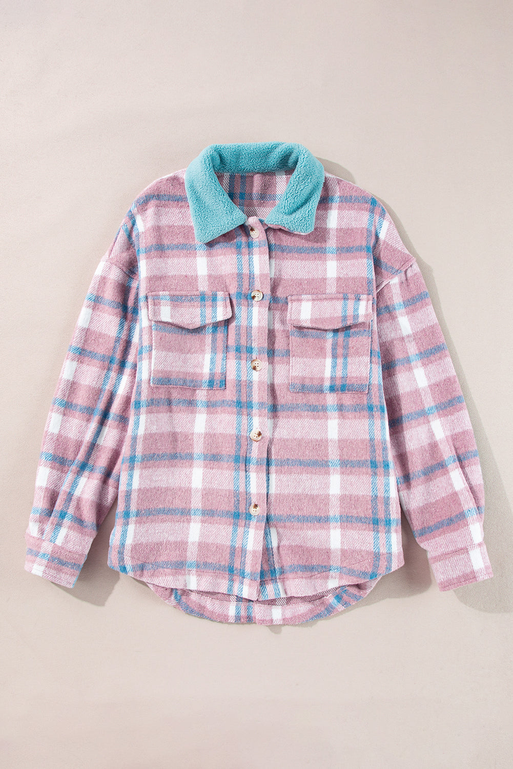 Pink Plaid Print Color Block Collared Flap Pockets Loose Shacket Plaid Shackets JT's Designer Fashion