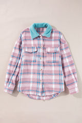 Pink Plaid Print Color Block Collared Flap Pockets Loose Shacket Plaid Shackets JT's Designer Fashion