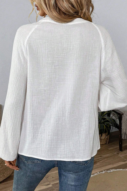 White Paisley Embroidered Textured Split Neck Long Puff Sleeve Blouse Blouses & Shirts JT's Designer Fashion