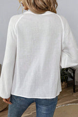 White Paisley Embroidered Textured Split Neck Long Puff Sleeve Blouse Blouses & Shirts JT's Designer Fashion
