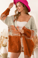 Brown Pompom Color Block Open Front Cardigan Sweaters & Cardigans JT's Designer Fashion