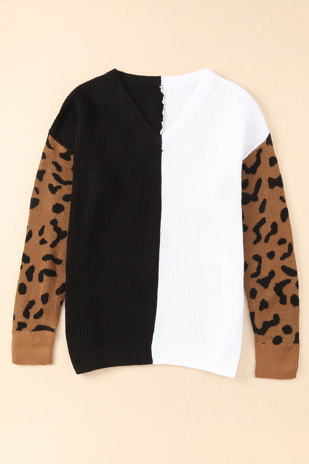 Leopard Print Contrast Color V Neck Sweater Sweaters & Cardigans JT's Designer Fashion
