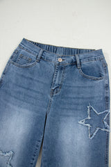 Stone Blue Star Patchwork Cropped Wide Leg High Waist Jeans Jeans JT's Designer Fashion