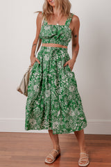 Green Floral Print Shirred Crop Top and High Waist Midi Skirt Set Two Piece Dresses JT's Designer Fashion