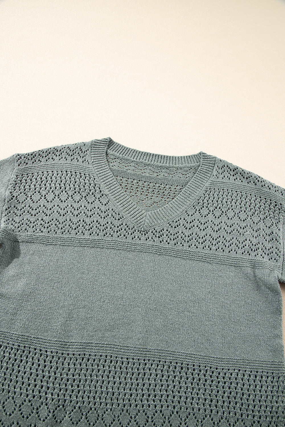 Mist Green Eyelet Pattern Detail V Neck Drop Shoulder Sweater Sweaters JT's Designer Fashion