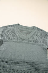 Mist Green Eyelet Pattern Detail V Neck Drop Shoulder Sweater Sweaters JT's Designer Fashion