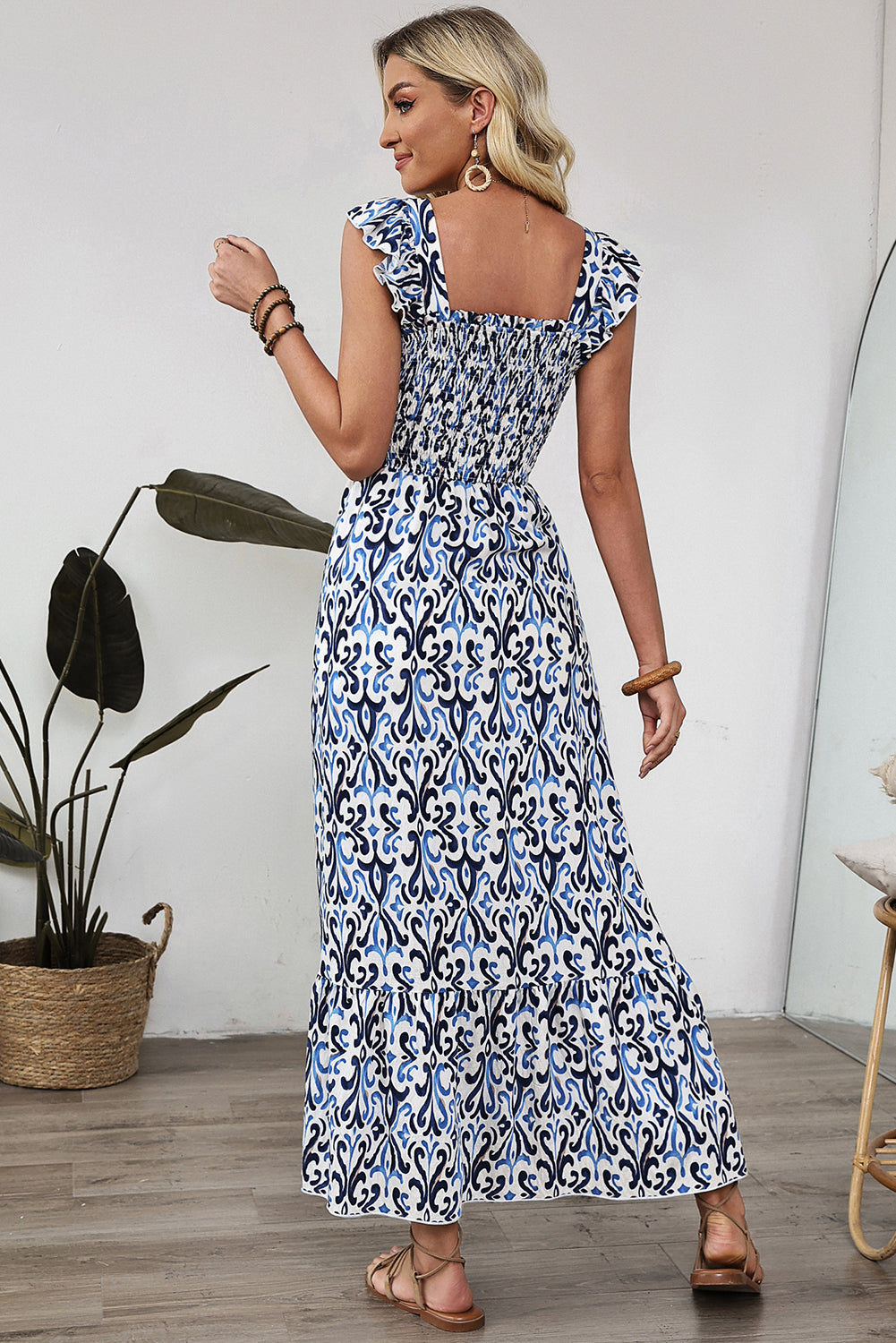 Sky Blue Boho Print Smocked High Waist Long Dress Maxi Dresses JT's Designer Fashion