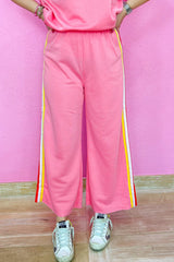 Bonbon Color Contrast Crewneck T Shirt and Wide Leg High Waist Pants Set Pant Sets JT's Designer Fashion