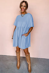 Sky Blue Solid Color Pocketed Raw Edge Babydoll Dress Mini Dresses JT's Designer Fashion