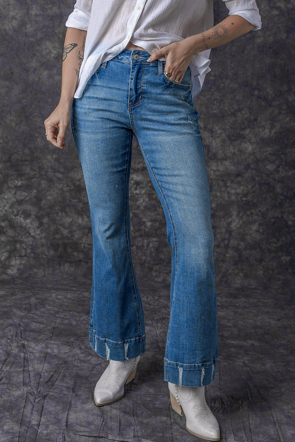 Sky Blue Slight Distressed Medium Wash Flare Jeans Jeans JT's Designer Fashion