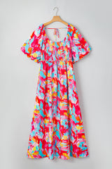 Rose Abstract Printed Puff Sleeve Square Neck Smocked Bust Tied Back Plus Size Dress Plus Size Maxi Dresses JT's Designer Fashion