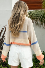 Beige Colorblock Striped Drop Shoulder Cozy Sweater Sweaters JT's Designer Fashion