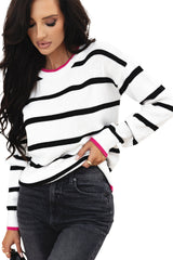 White Stripe Color Contrast Drop Shoulder Crew Neck Sweater Sweaters JT's Designer Fashion