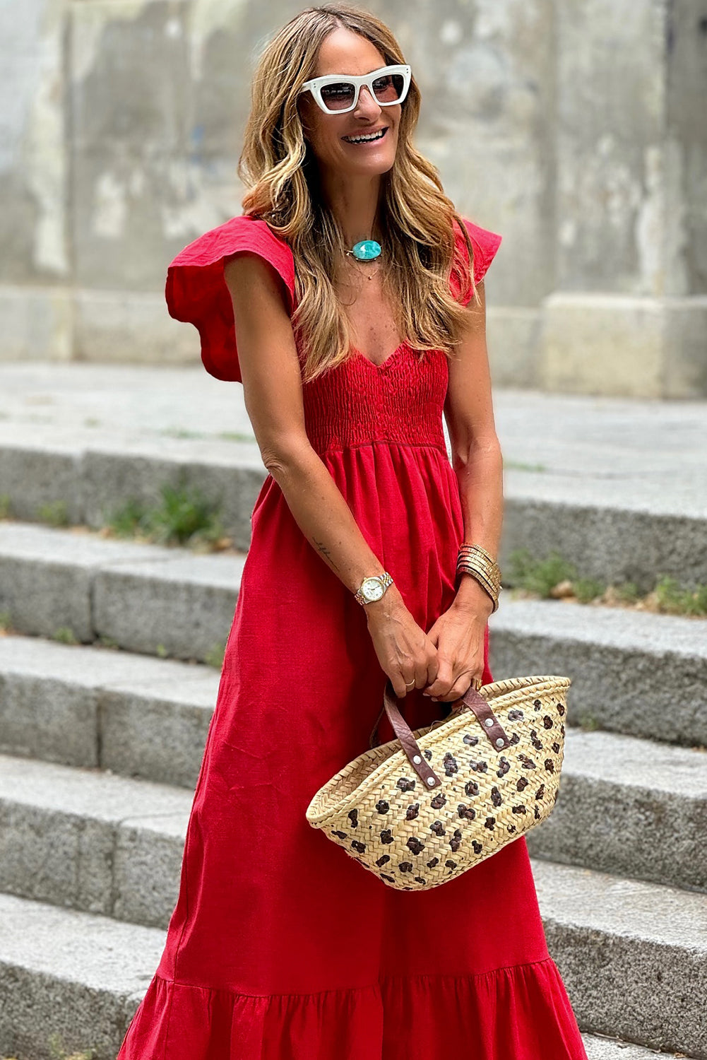 Fiery Red V Neck Flutter Sleeve Smocked Bodice High Waist Ruffle Long Dress Maxi Dresses JT's Designer Fashion
