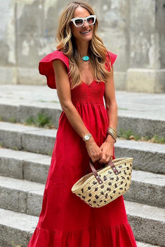 Fiery Red V Neck Flutter Sleeve Smocked Bodice High Waist Ruffle Long Dress Maxi Dresses JT's Designer Fashion
