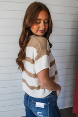 Khaki Stripe Dropped Short Sleeve Lightweight Knitted Top Sweaters & Cardigans JT's Designer Fashion