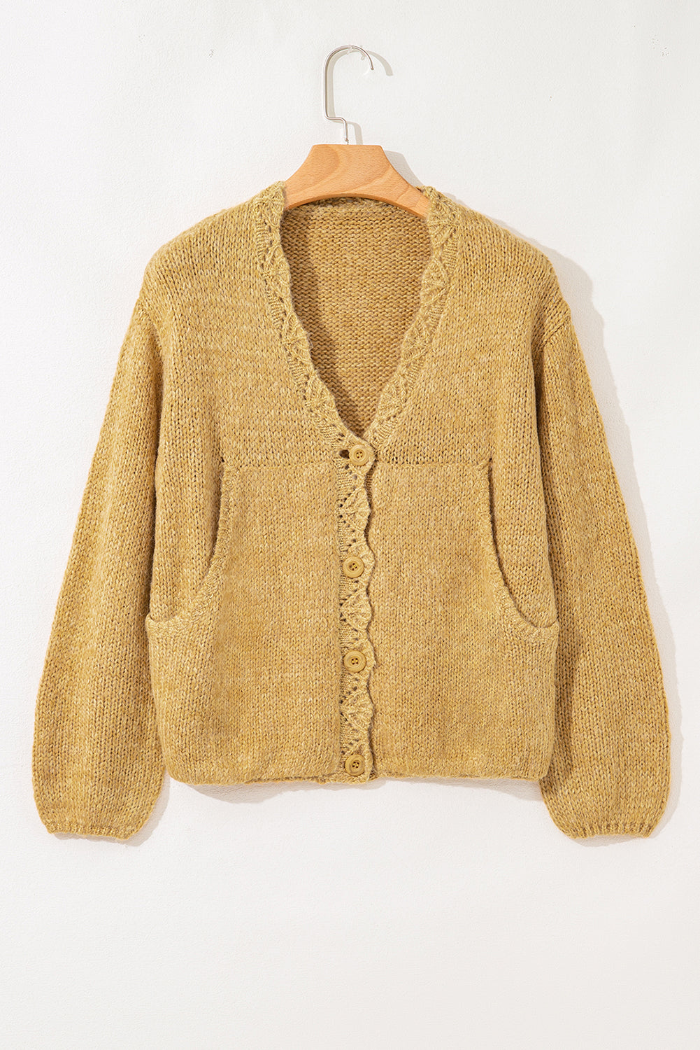 Light French Beige Lantern Sleeve Scallop V Neck Buttoned Front Cardigan Cardigans JT's Designer Fashion