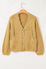 Light French Beige Lantern Sleeve Scallop V Neck Buttoned Front Cardigan Cardigans JT's Designer Fashion