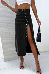 Black Button Fly Side Split High Waist Denim Midi Skirt Skirts & Petticoat JT's Designer Fashion