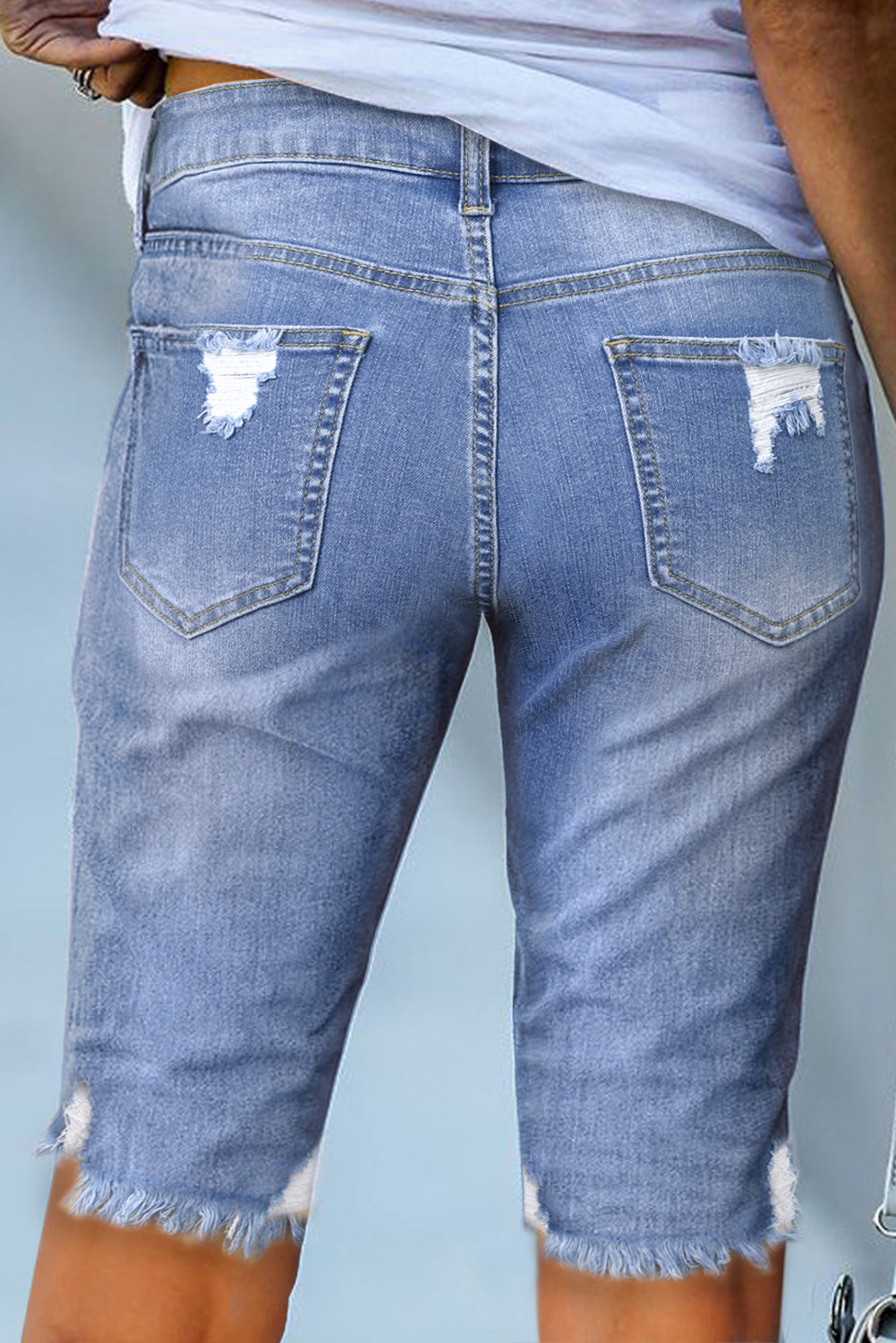 Sky Blue Ripped Tassel Bermuda Denim Shorts Denim Shorts JT's Designer Fashion