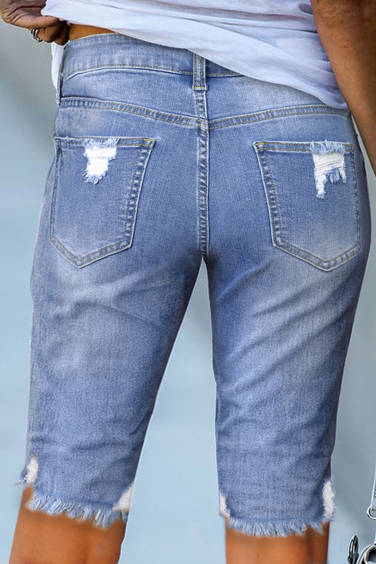 Sky Blue Ripped Tassel Bermuda Denim Shorts Denim Shorts JT's Designer Fashion