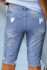 Sky Blue Ripped Tassel Bermuda Denim Shorts Denim Shorts JT's Designer Fashion