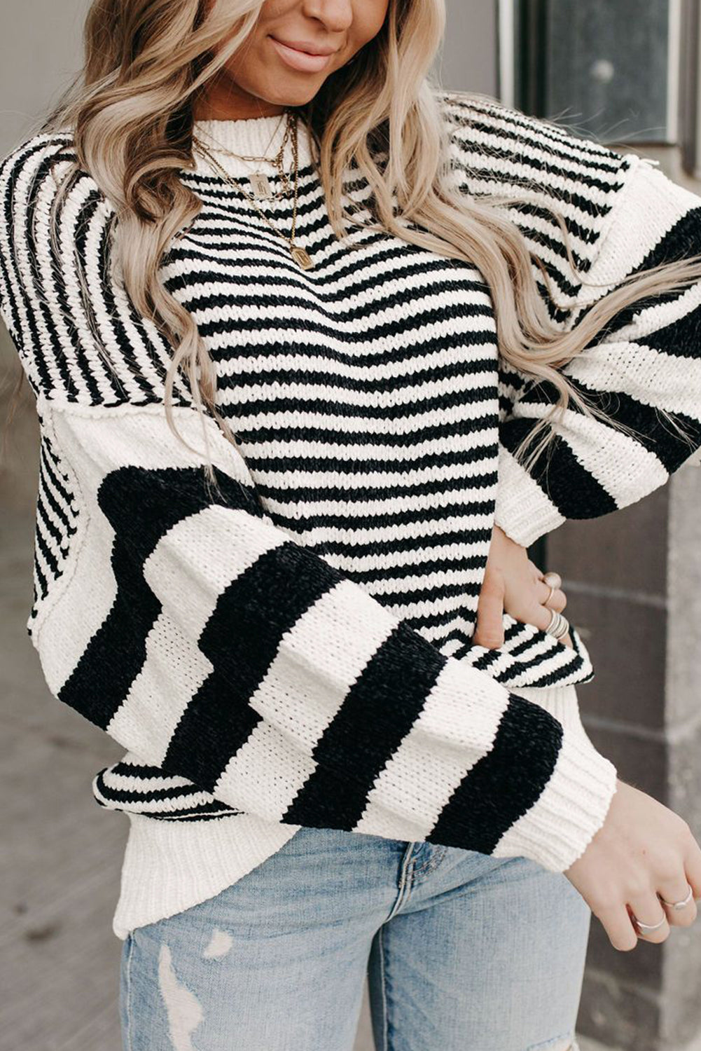 Black white Striped Drop Shoulder Bishop Sleeve Knit Sweater Black white 60%Cotton+40%Acrylic Sweaters JT's Designer Fashion