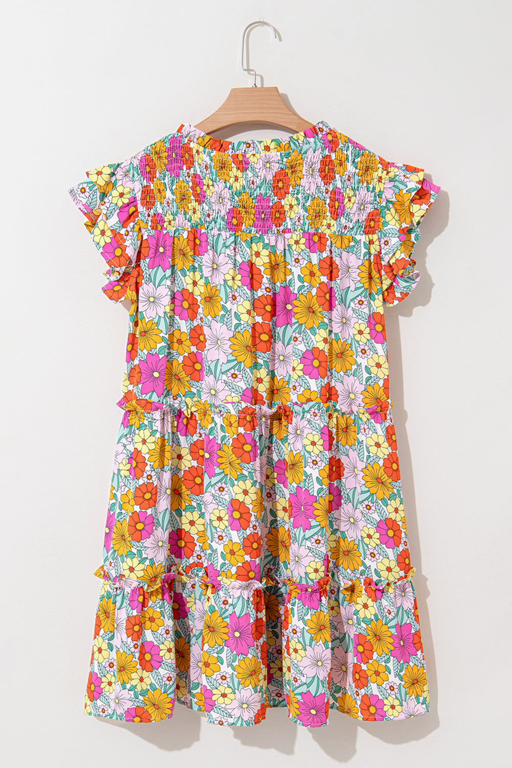 Sky Blue Floral Print Smocked Notch V Neck Flutter Sleeve Mini Dress Floral Dresses JT's Designer Fashion