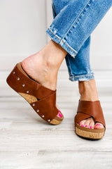 Chestnut Toe Ring Cross Cutout Studded Wedge Slippers Slippers JT's Designer Fashion