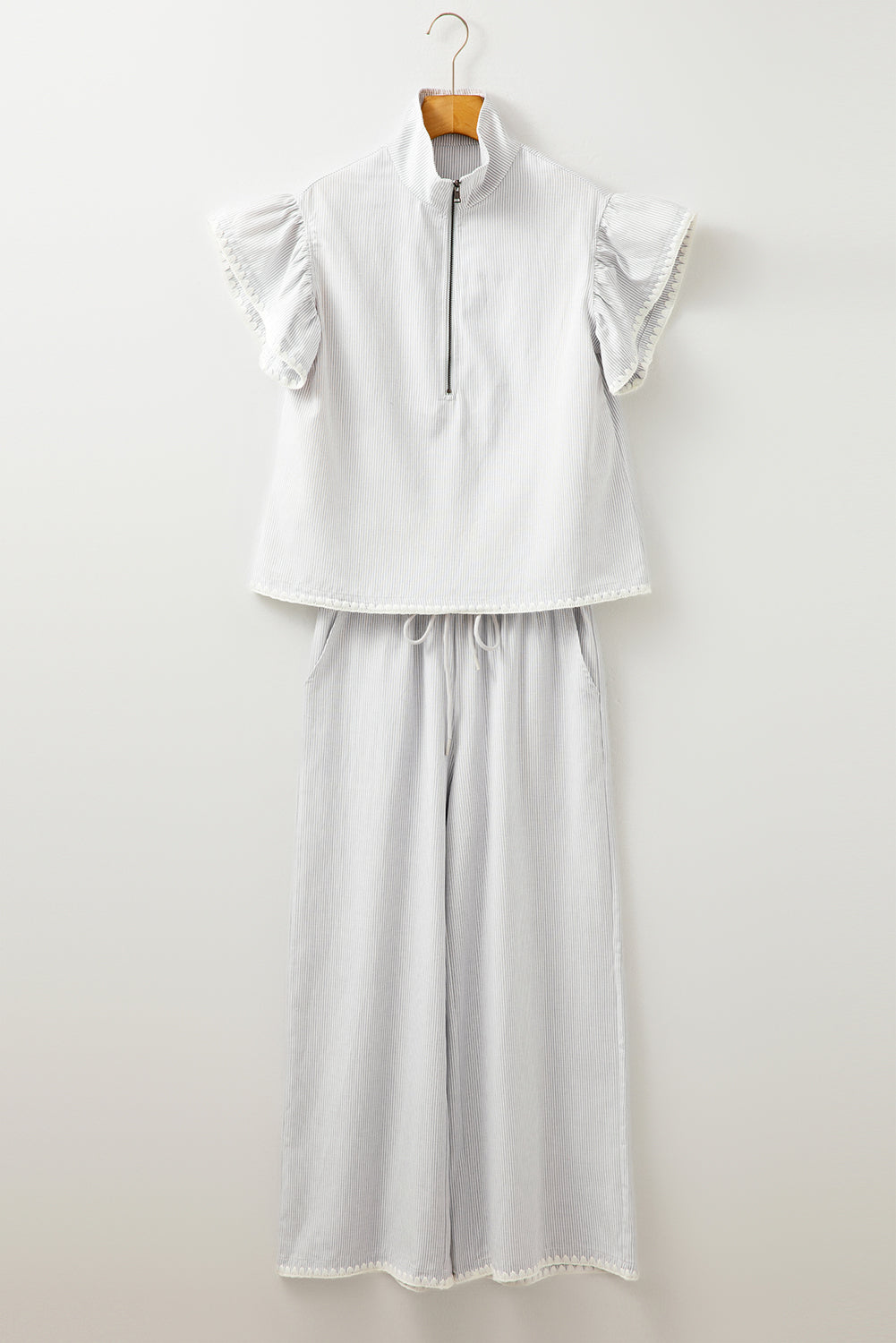 Gray Stripe Zipped up Collar Ruffled Sleeve Tee and Wide Leg Pants 2pcs Outfit Pant Sets JT's Designer Fashion