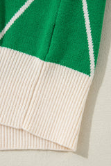 Dark Green Diamond Pattern Pom Accents Contrast Trim High Neck Sweater Sweaters JT's Designer Fashion