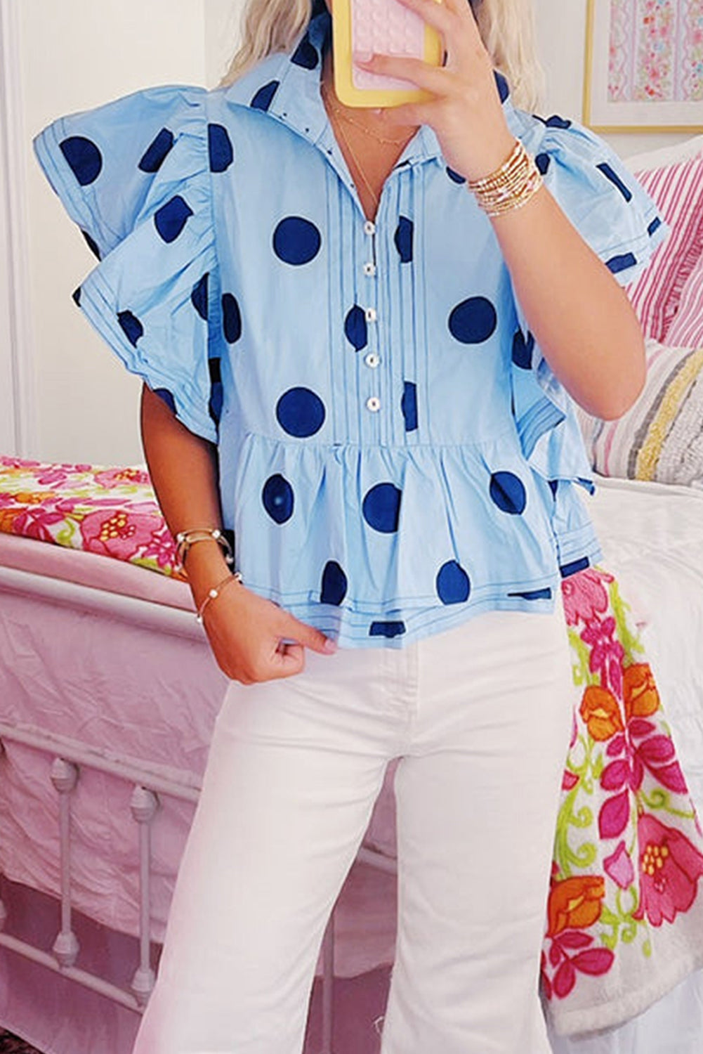 Sky Blue Polka Dot Print Ruffled Short Sleeve Buttoned Collared Blouse Blouses & Shirts JT's Designer Fashion