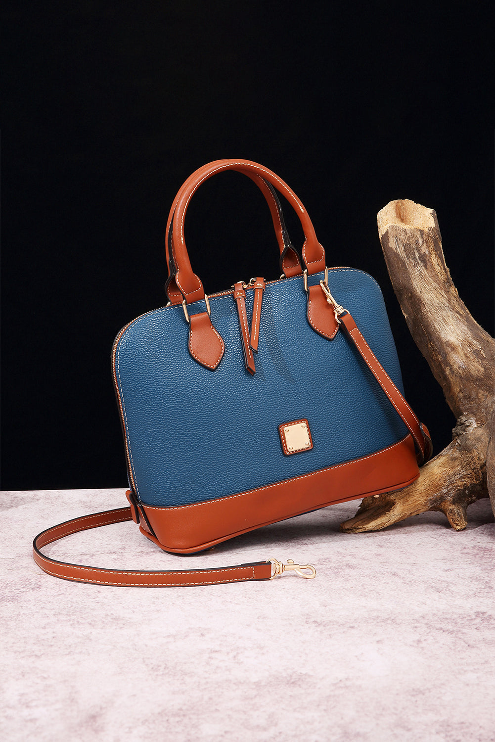 Ashleigh Blue Color Contrast PU Leather Zipper Tote Bag Handbags JT's Designer Fashion