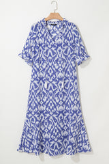 Sky Blue Geometric Print V Neck Casual Long Dress Maxi Dresses JT's Designer Fashion