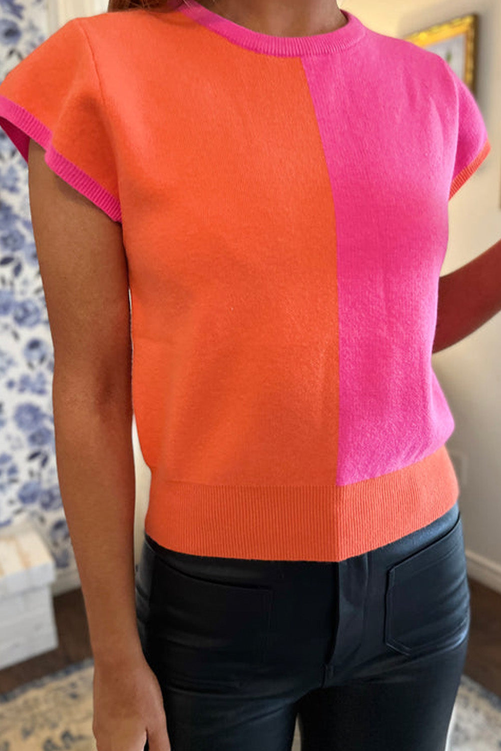 Flamingo 2-tone Color Block Knit Cap Sleeve Top Flamingo Sweaters & Cardigans JT's Designer Fashion