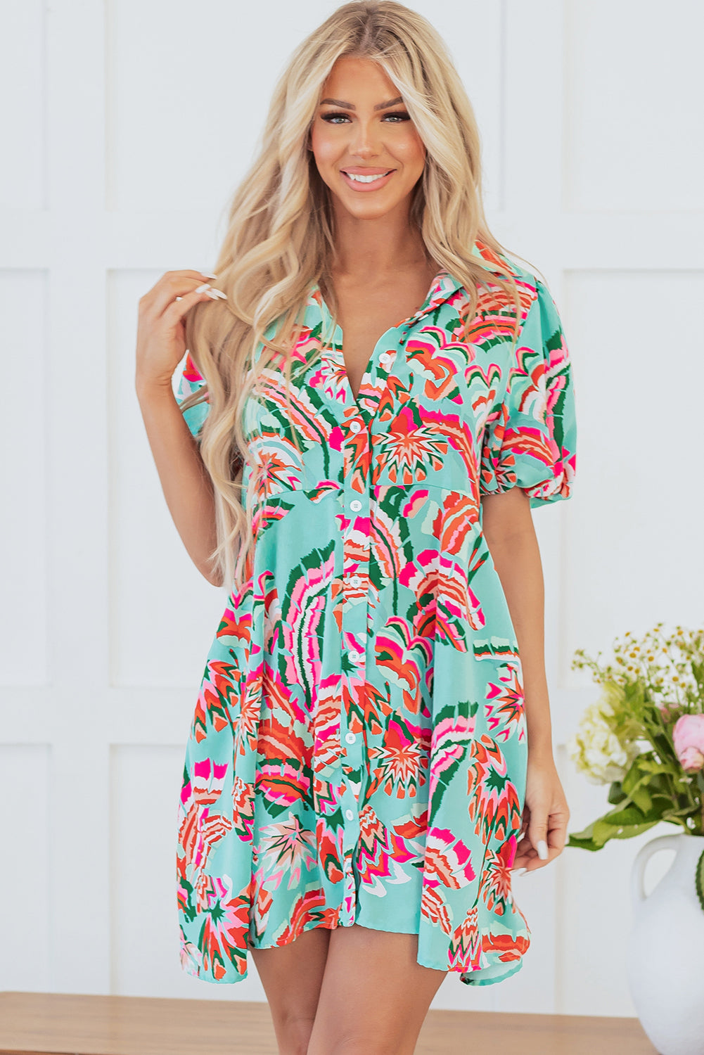 Green Abstract Print Lace-up High Waist Buttoned Mini Dress Mini Dresses JT's Designer Fashion