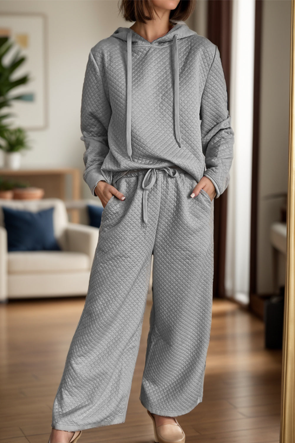 Drawstring Long Sleeve Hooded Top and Pants Set Gray Pant Sets JT's Designer Fashion