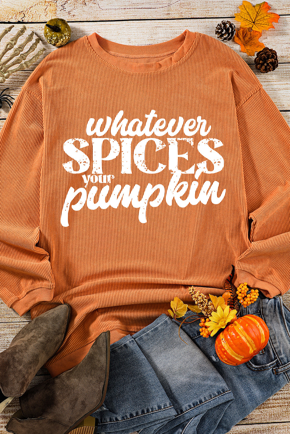 Orange Whatever Spices Your Pumpkin Graphic Corded Pullover Sweatshirt Graphic Sweatshirts JT's Designer Fashion