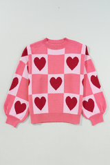 Pink Plus Size Love Heart Block Mock Neck Lantern Sleeve Valentine Sweater Plus Size Sweaters & Cardigans JT's Designer Fashion
