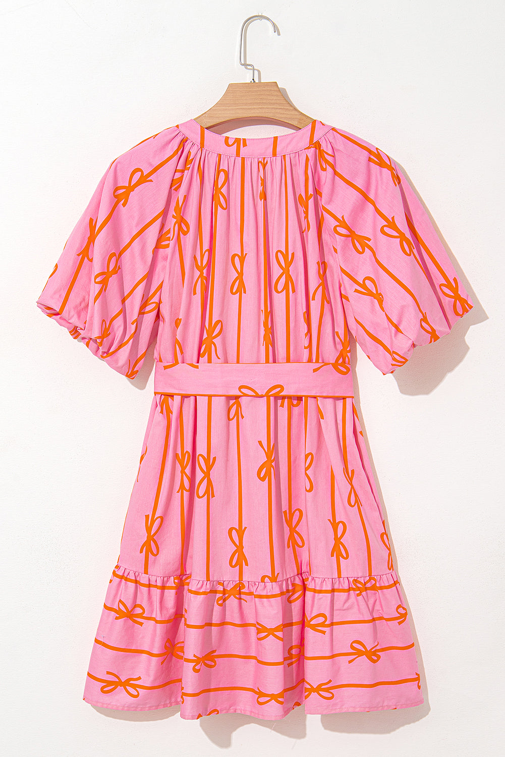 Pink Bowknot Striped Printed Bubble Sleeve Buttoned Belted Mini Dress Mini Dresses JT's Designer Fashion