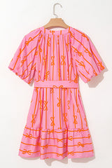 Pink Bowknot Striped Printed Bubble Sleeve Buttoned Belted Mini Dress Mini Dresses JT's Designer Fashion