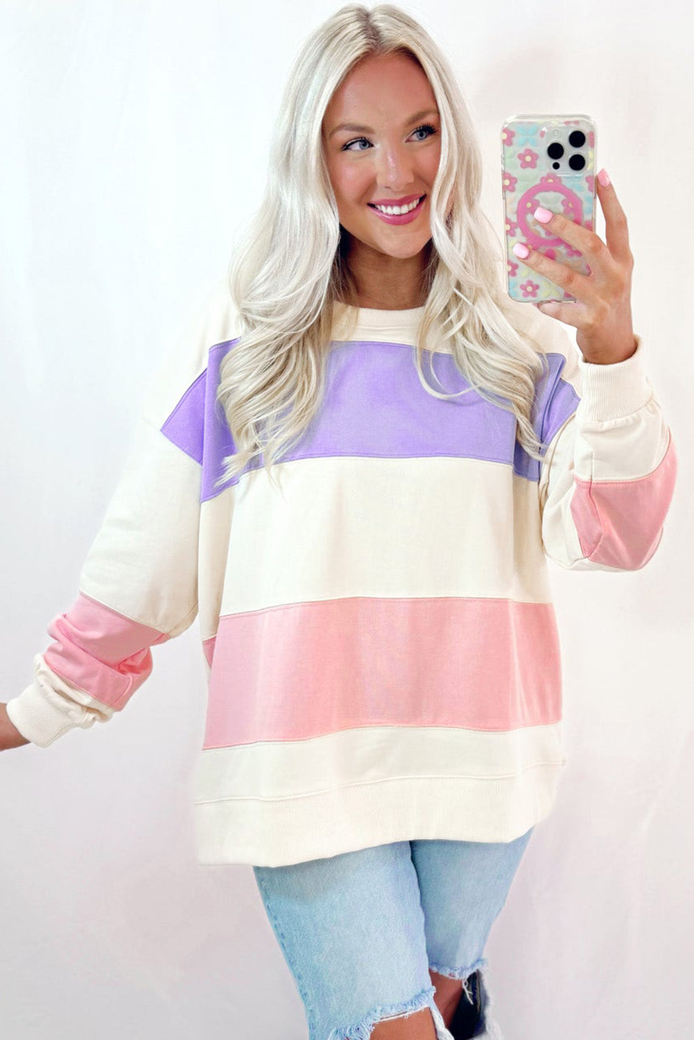 Beige Colorblock Patchwork Drop Shoulder Crewneck Sweatshirt Sweatshirts & Hoodies JT's Designer Fashion