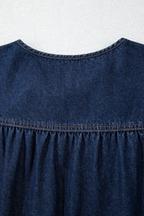 Sail Blue Puff Sleeve Lace-up Neckline Splicing Denim Blouse Blouses & Shirts JT's Designer Fashion