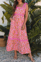 Rose Floral Lace Tied Strap Empire Waist Maxi Dress Floral Dresses JT's Designer Fashion