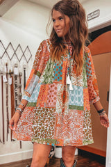 Orange Boho Paisley Mixed Print 3/4 Sleeve Chiffon Loose Dress Mini Dresses JT's Designer Fashion