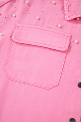 Bonbon Pearl Beaded Raw Hem Button Up Denim Jacket Denim Jackets JT's Designer Fashion
