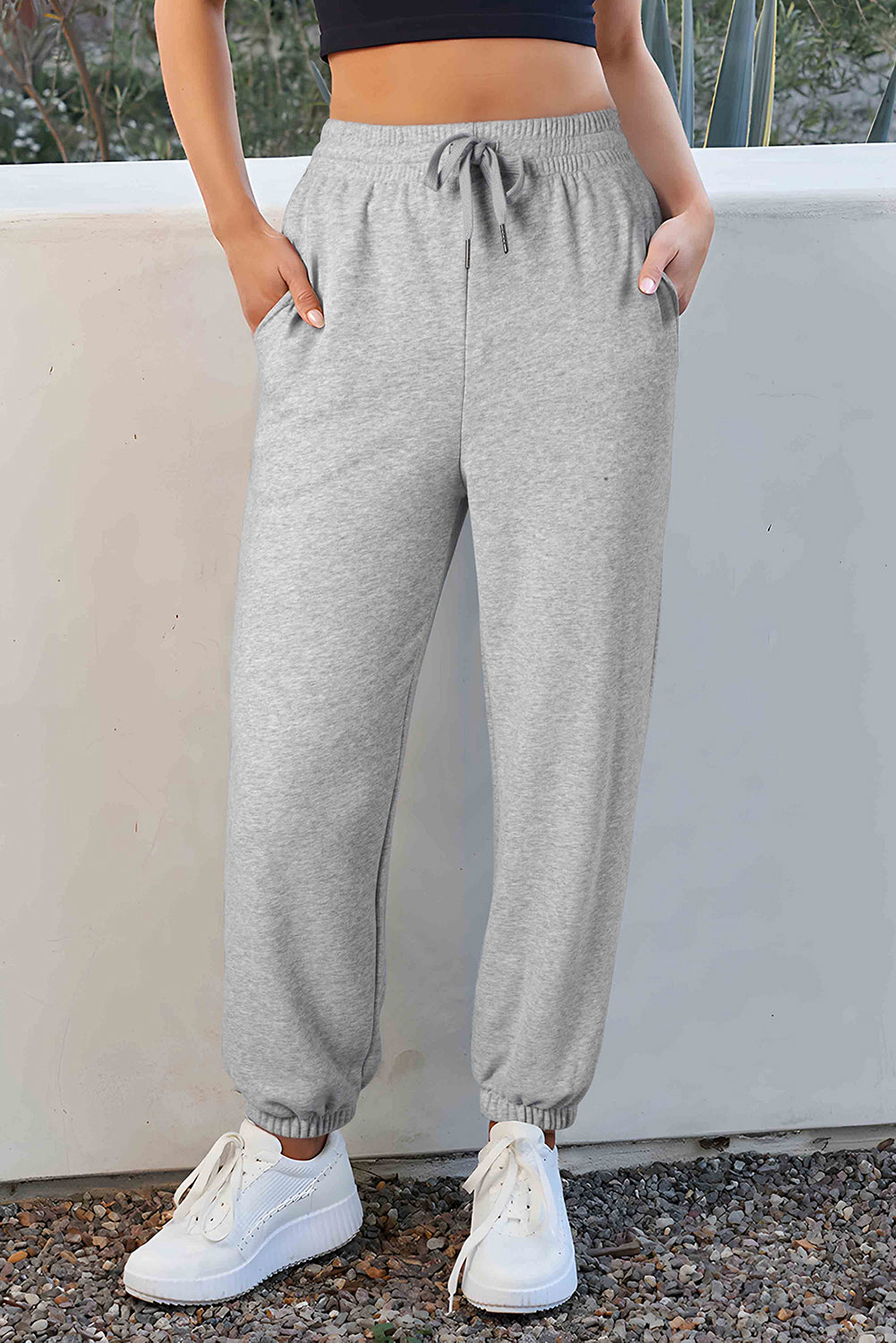 Light Grey Solid Color Fleece Lined Drawstring Waist Joggers Pants & Culotte JT's Designer Fashion