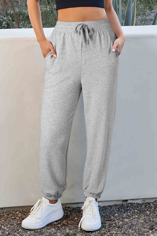 Light Grey Solid Color Fleece Lined Drawstring Waist Joggers Pants & Culotte JT's Designer Fashion